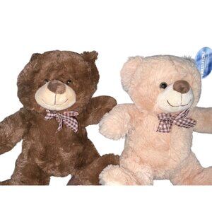 Kellujoy Original Brown & Pink Plush Teddy Bears With Checkered Bows Soft Cuddly